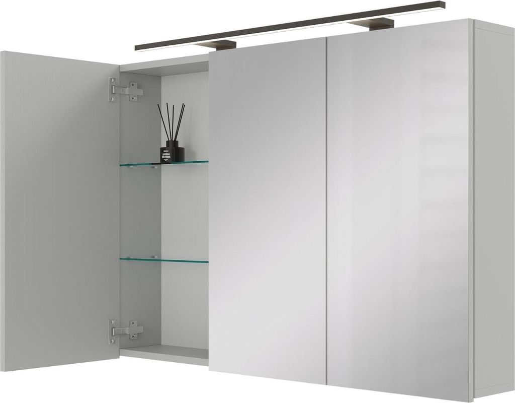 Planetmöbel ARIA Spiegelschrank für das Bad 120 cm mit Beleuchtung und Steckdose Weiß Grau