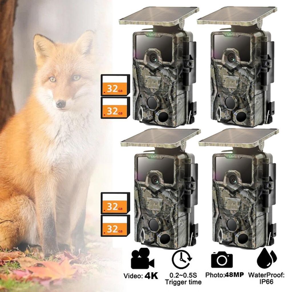 4 Stück Wildkamera Wildtierkamera 4K 48P WLAN Solar Wildkamera mit 2600mAh Akku & Bewegungsmelder Nachtsicht 0,2s Auslösezeit Inklusive 32GB Karte
