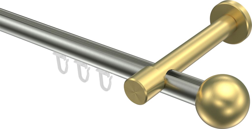Interdeco Innenlaufstange / Gardinenstange mit Innenlauf Edelstahl-Optik / Messing-Optik, Typ Prestige Luino (Kugel), 20 mm Ø 1-läufig, 160 cm