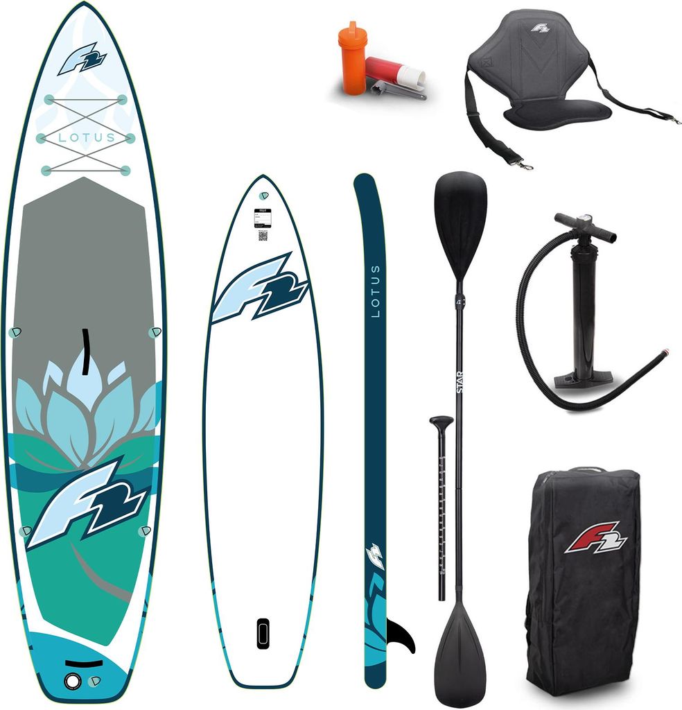 F2 Set Damen Stand Up Paddle Board Lotus Blau 10,6 + Kajak Zubehör Paket