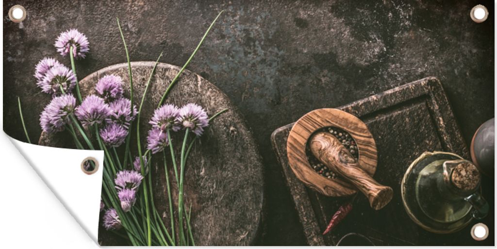 MuchoWow 80x40 cm Outdoor-Poster Gartendeko Sichtschutz Garten Poster für den Garten Schnittlauch - Küche - Mörser - Rustikal - Kräuter - Lila