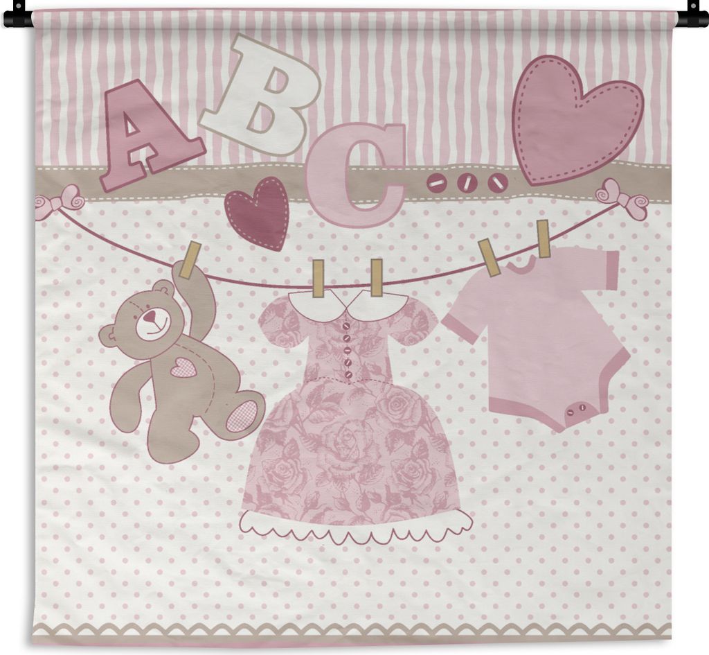 MuchoWow Wandteppich Wandbehang Babykleidung - Mädchen - Teddybär - Wäscheleine - Design 90x90 cm Tapisserie Dekoration Wandtuch - Wandaufhänger