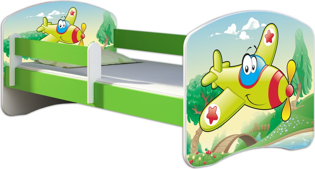 ACMA Jugendbett Kinderbett Junior-Bett Komplett-Set mit Matratze Lattenrost und Rausfallschutz Grün 29 Flugzeug 160x80