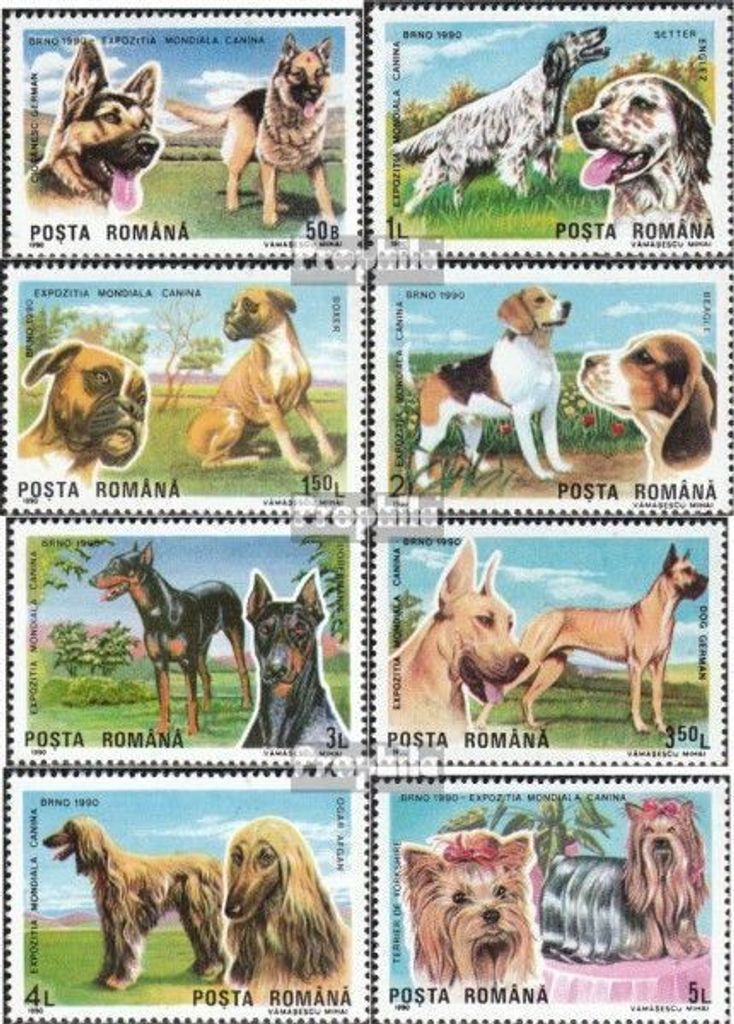 Briefmarken Rumänien 1990 Mi 4603-4610 (kompl.Ausg.) postfrisch Intern. Hundeausstellung, Brünn