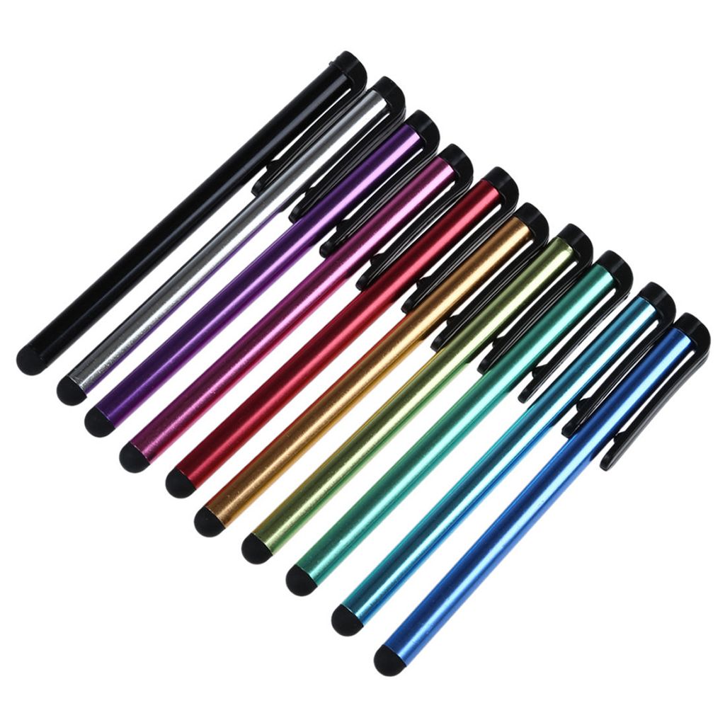 A collection of multi-colored touchscreen pens arranged diagonally on a white background.