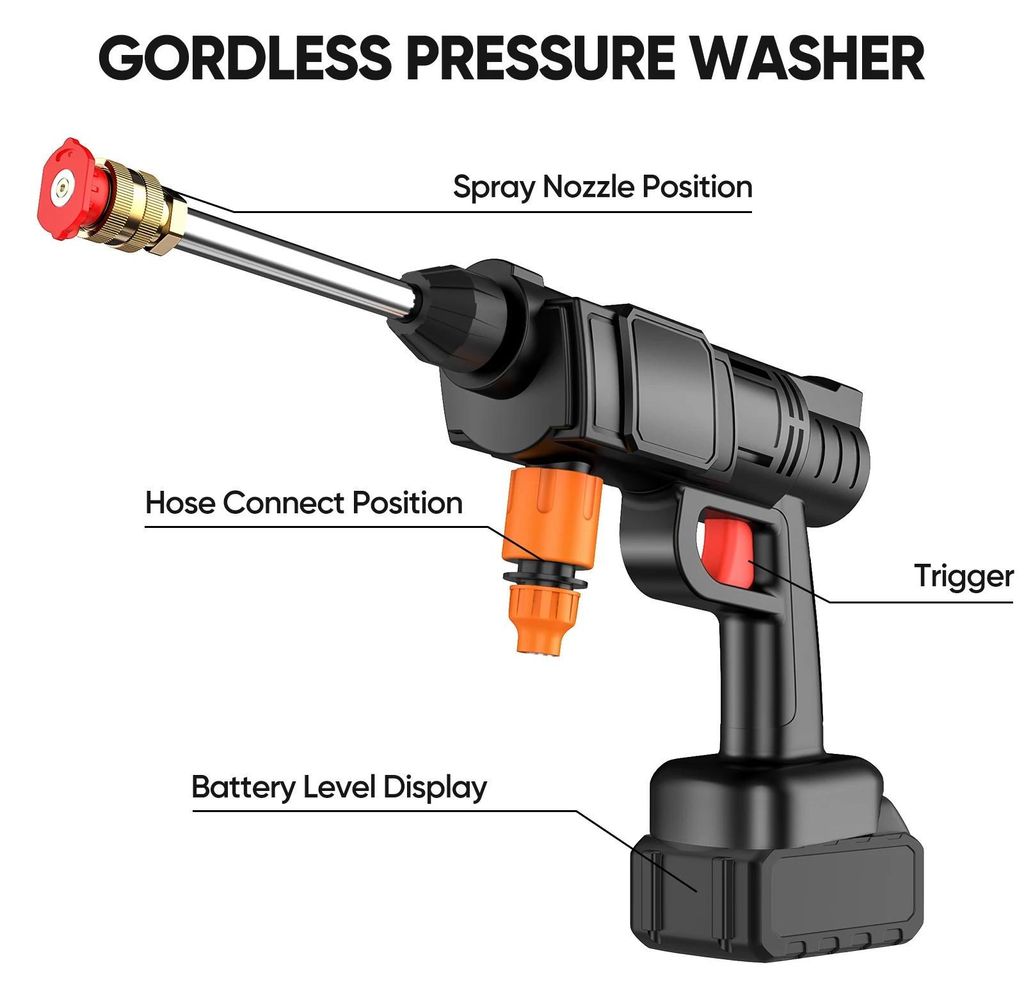 Akku-Hochdruckreiniger - Handliche Sprühpistole - 30 bar - 21V Akku inkl. - Mit Schlauch - Auto & Garten - 1 Akku 1 Ladegerät