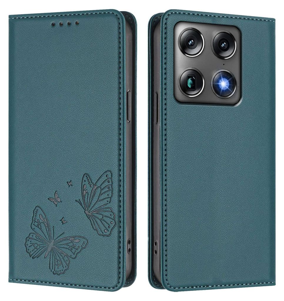 Lederhülle für Motorola Signature, Schmetterling Prägung Leder Brieftasche Schutzhülle mit Ständer Grün