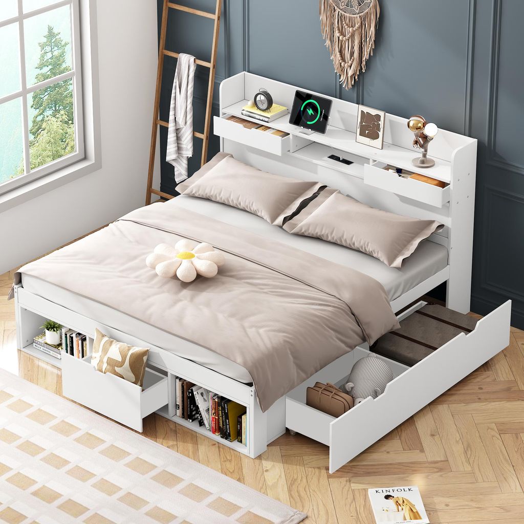 okwish Jugendbett 135x190 Einzelbett mit USB-Anschluss und Schubladen,Bettgestell mit Stauraum,Funktionsbett mit Aufbewahrungsfächern am Kopf- und...