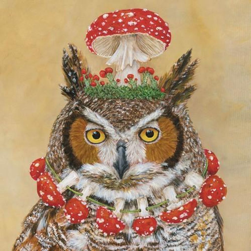 20 Servietten Pageant Queen - Künstlerische Eule mit Pilze 33x33cm