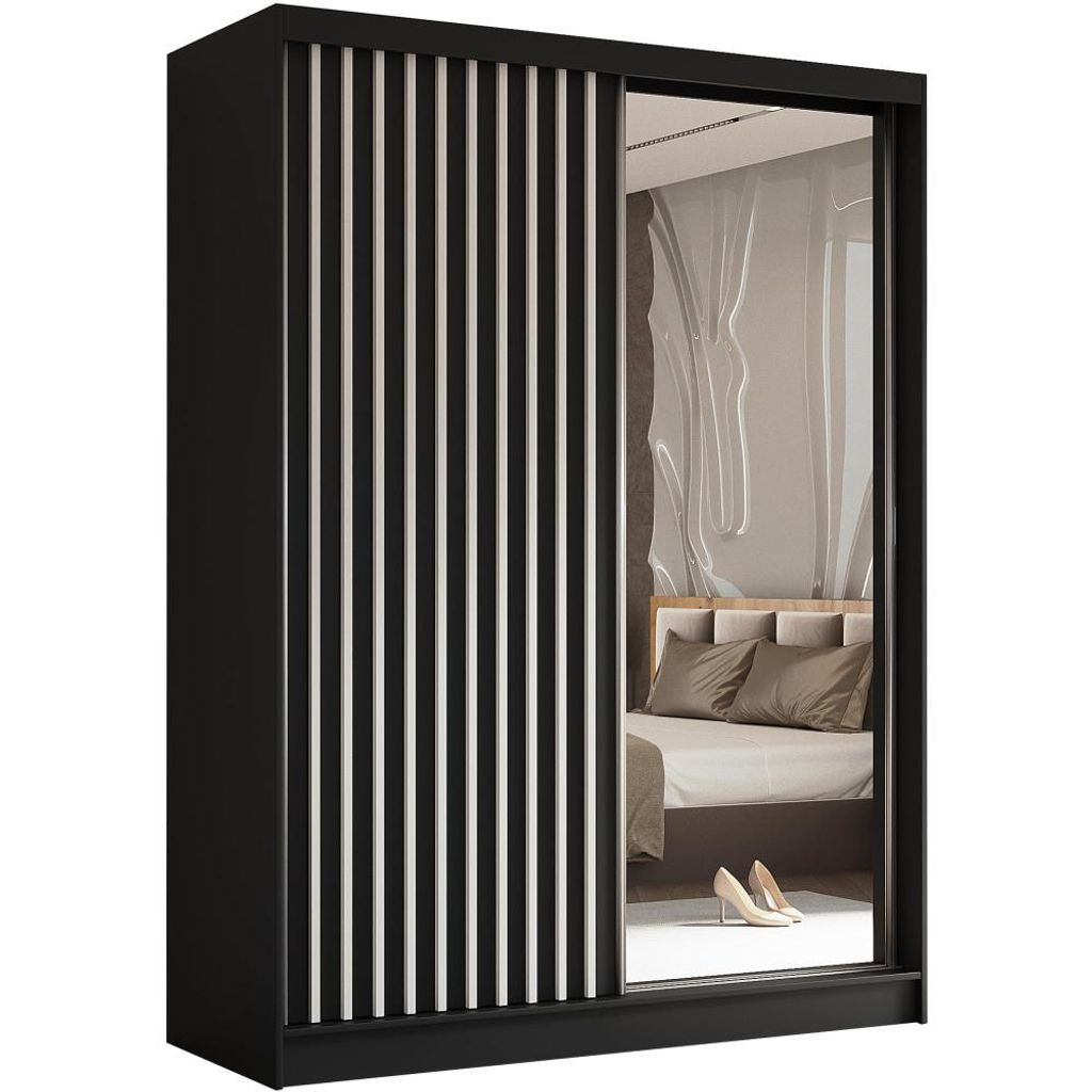 Schwebetürenschrank HELIX 160cm Schwarz/Weiß – 2-türig, Kleiderschrank mit Lamellen & Spiegel & Schiebetüren