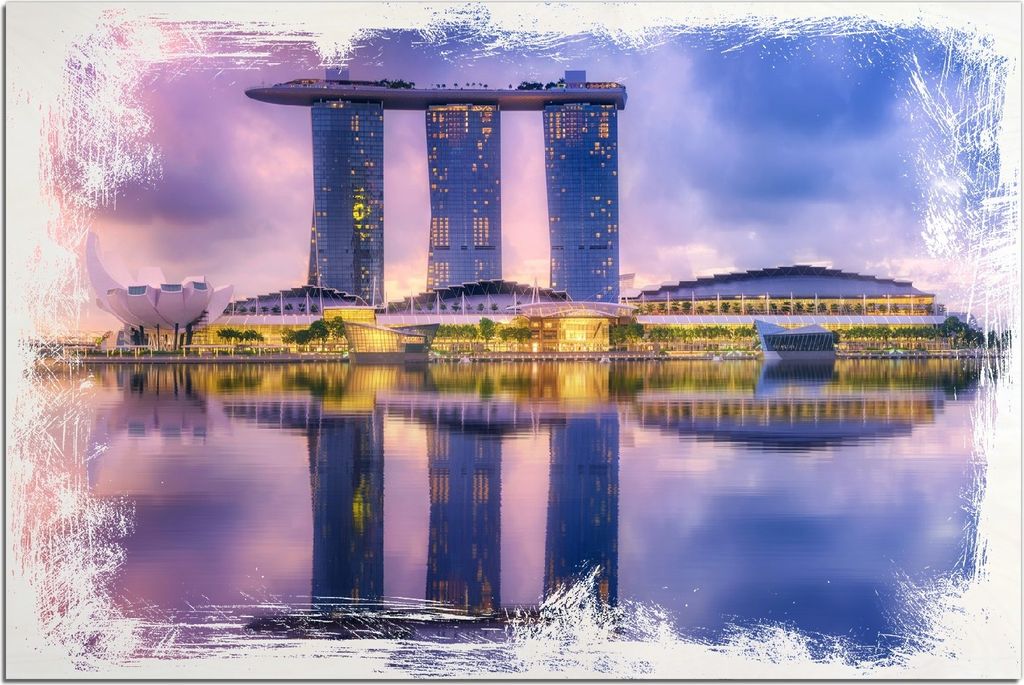 Kunstdrucke Wandbilder Holz in : Brillante Farben, Größe 60 x 90 cm Motiv Abenddämmerung in Singapur