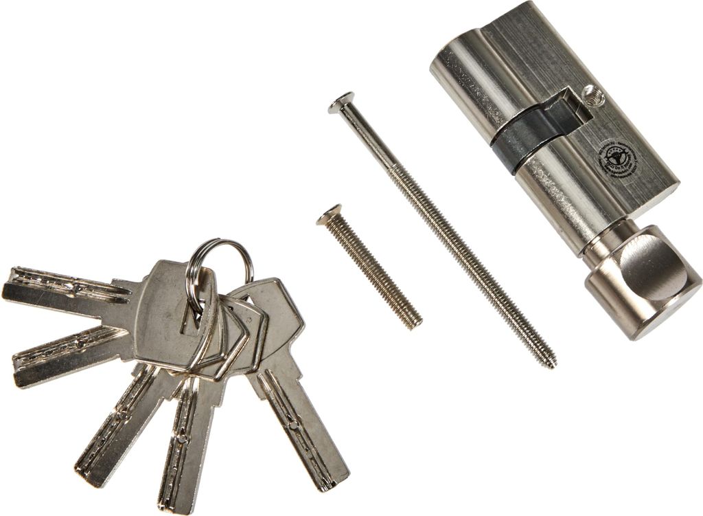 A set of keys, two screws, and a door cylinder lock are laid out on a white background.