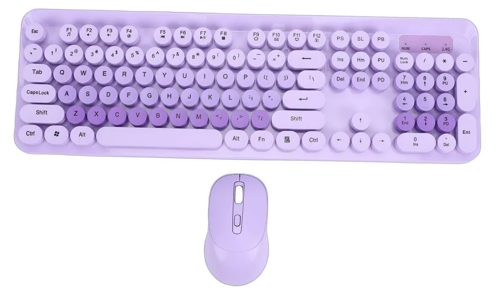 Clavier sans fil violet à touches rondes silencieuses et souris PC