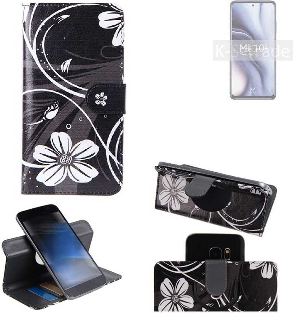 K-S-Trade Schutzhülle Handyhülle kompatibel mit Xiaomi Mi 10i Hülle 360° Wallet Case ''Flowers'' Klapphülle Hülle schwarz-weiß 1x