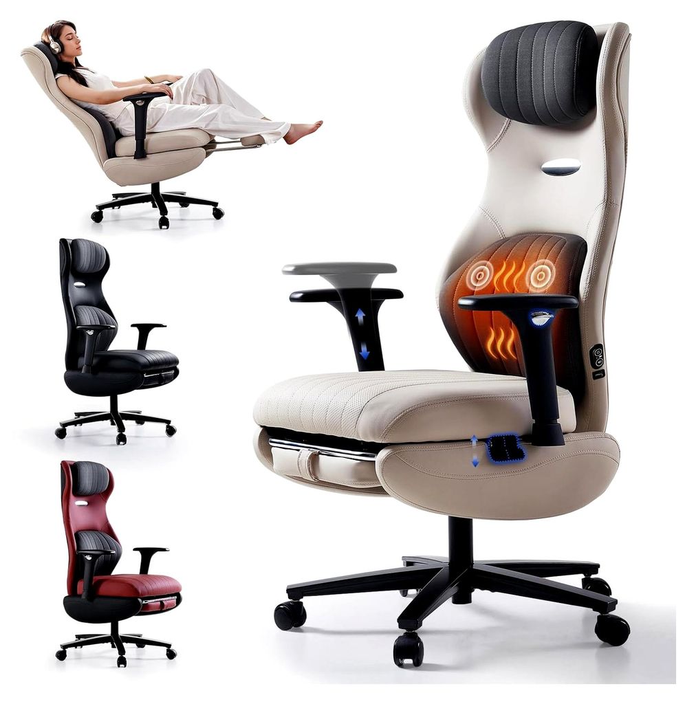 Ergonomischer Bürostuhl mit Fußstütze aus Kunstleder, verstellbaren Armlehnen, Heizung und Massage, Chefsessel mit Kopfstütze und Lendenwirbels...