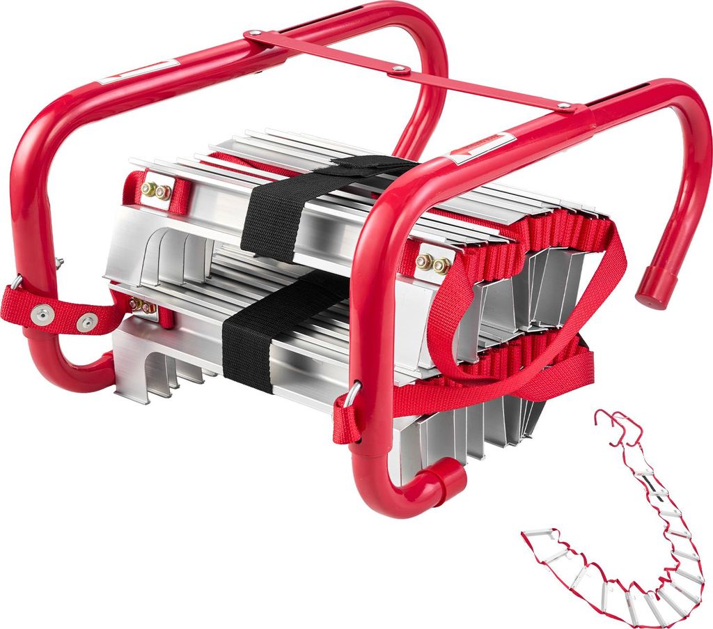 A red and silver emergency ladder is shown against a white background.