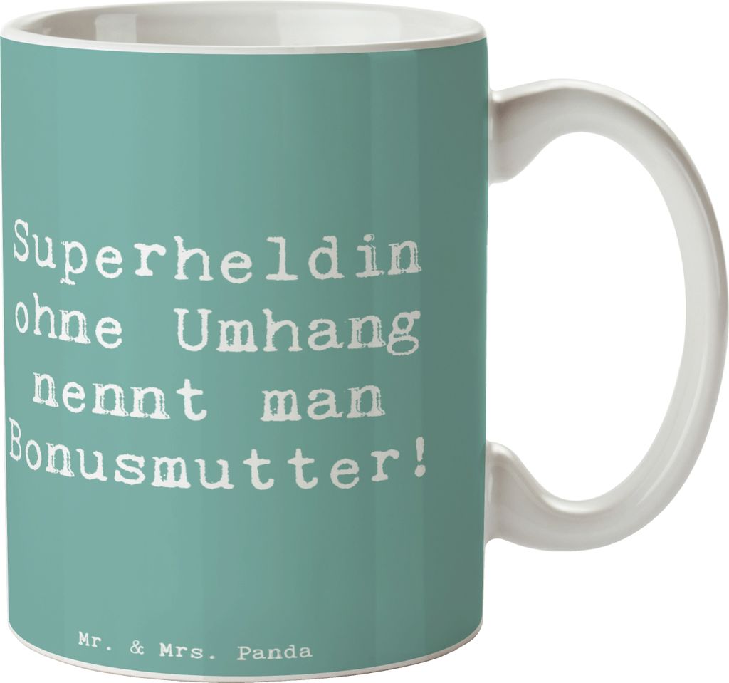 Mr. & Mrs. Panda Tasse Spruch Bonusmutter Superheld - Meeresbrise - Geschenk, Liebe, Geborgenheit, Trinkbecher, Unterstützung, Becher, Elternteil,...