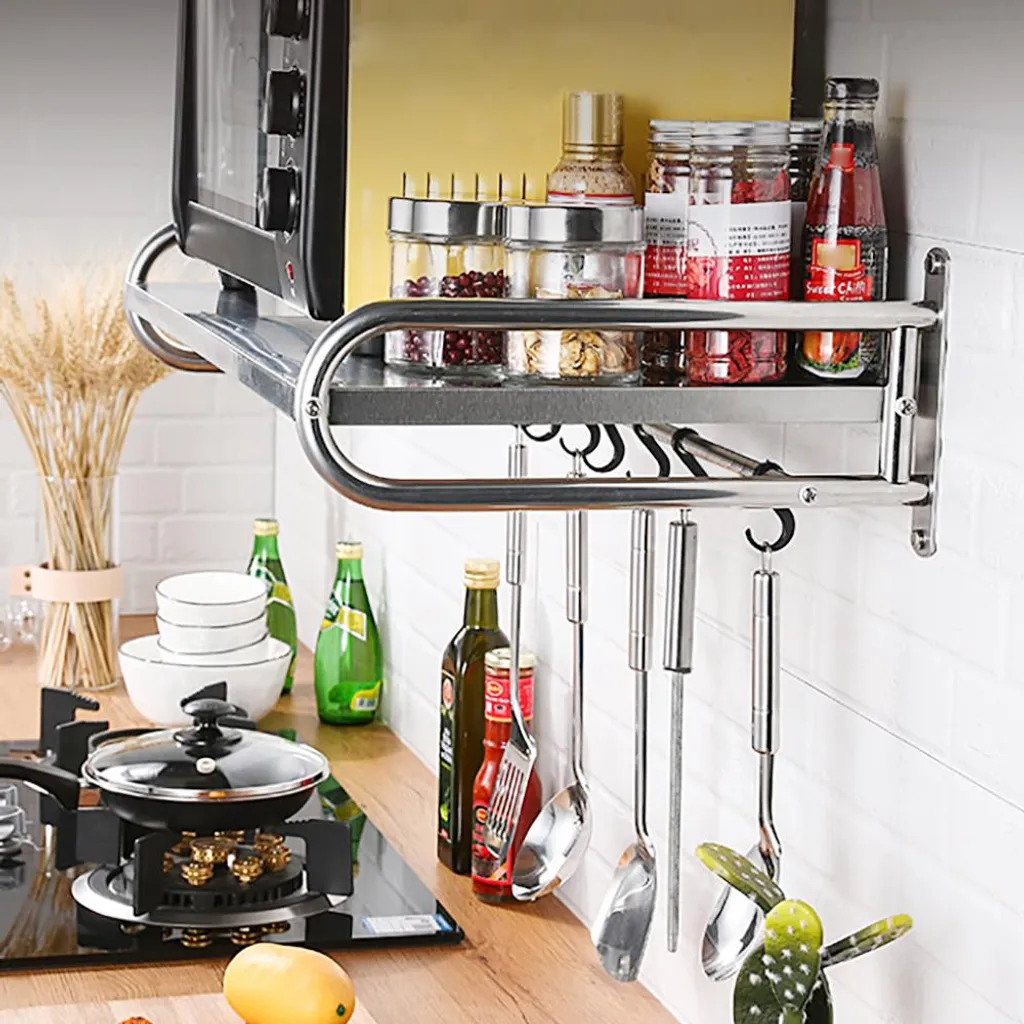 Support mural pour micro-ondes argenté - Rangement cuisine suspendu
