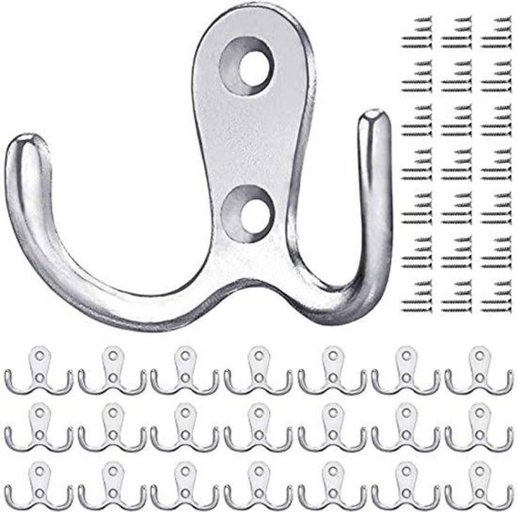 Zinnige Silberne Haken, 20 Stück, antike Haken mit Schrauben, Metall-Doppelhaken, Wandhaken, Wandhaken für Badezimmer, Küche (Silber, 20 Stück)