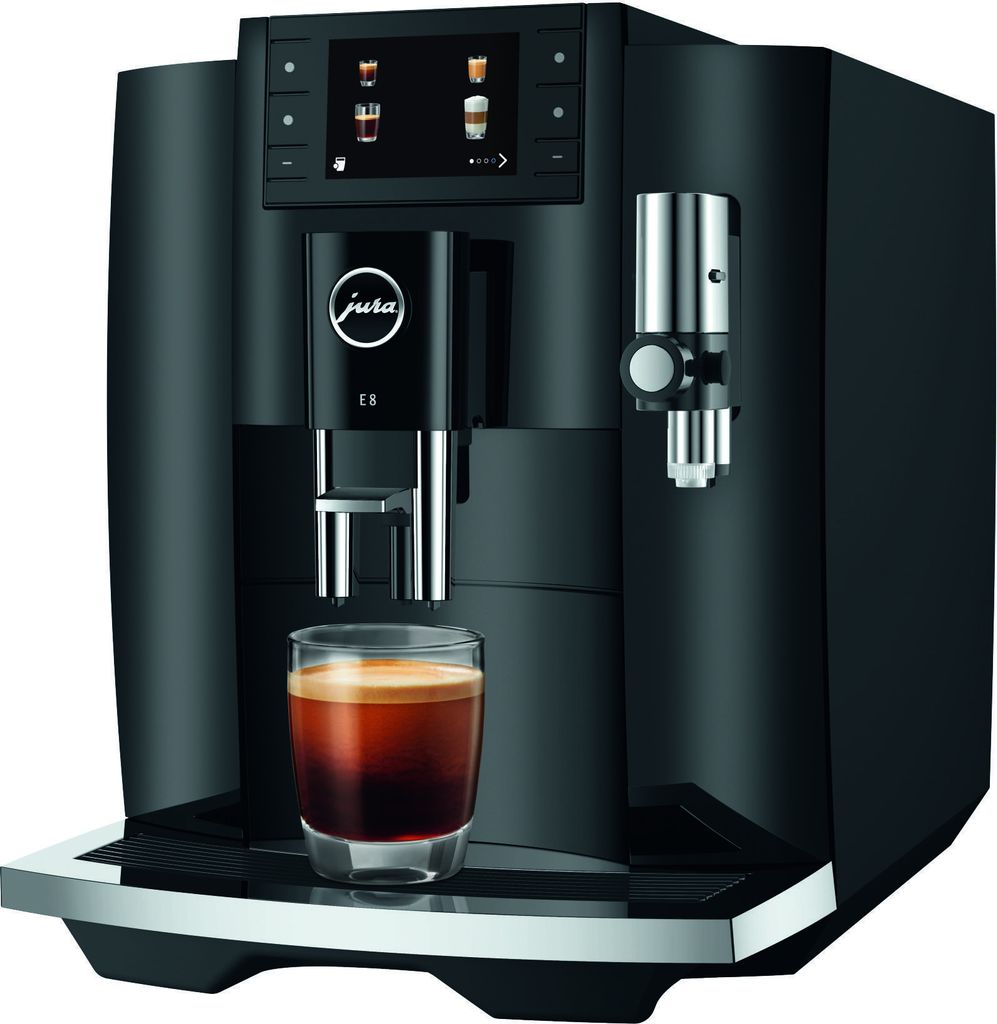 A black Jura E8 coffee machine with a glass of espresso in front of it.