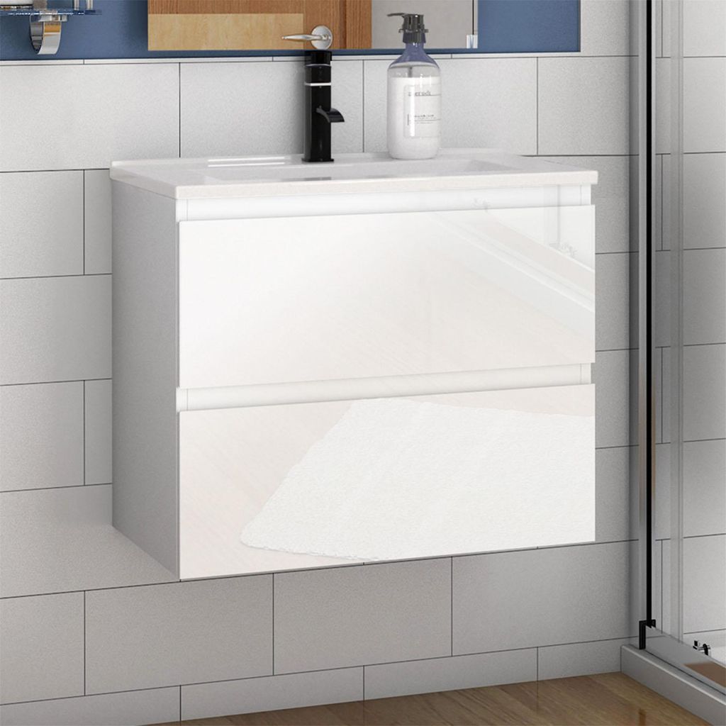 Waschtisch mit Unterschrank 60cm Alast Badmöbel Set Hochglanz Weiß Keramik Waschbecken mit Unterschrank MDF Softclose