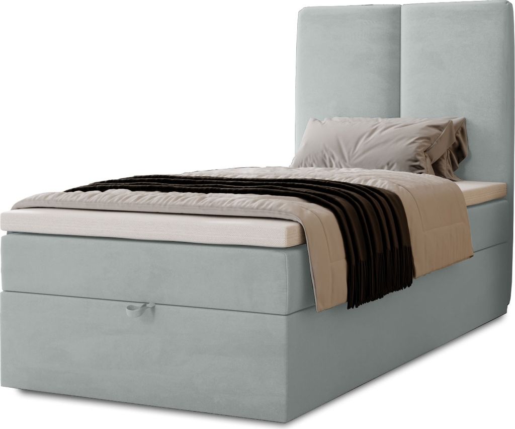 Boxspringbett Malmo mit Bettkasten, 90x200, Farbe: Hellgrau, Velourstoff, Doppelbett mit Bonell-Matratze inkl. Topper