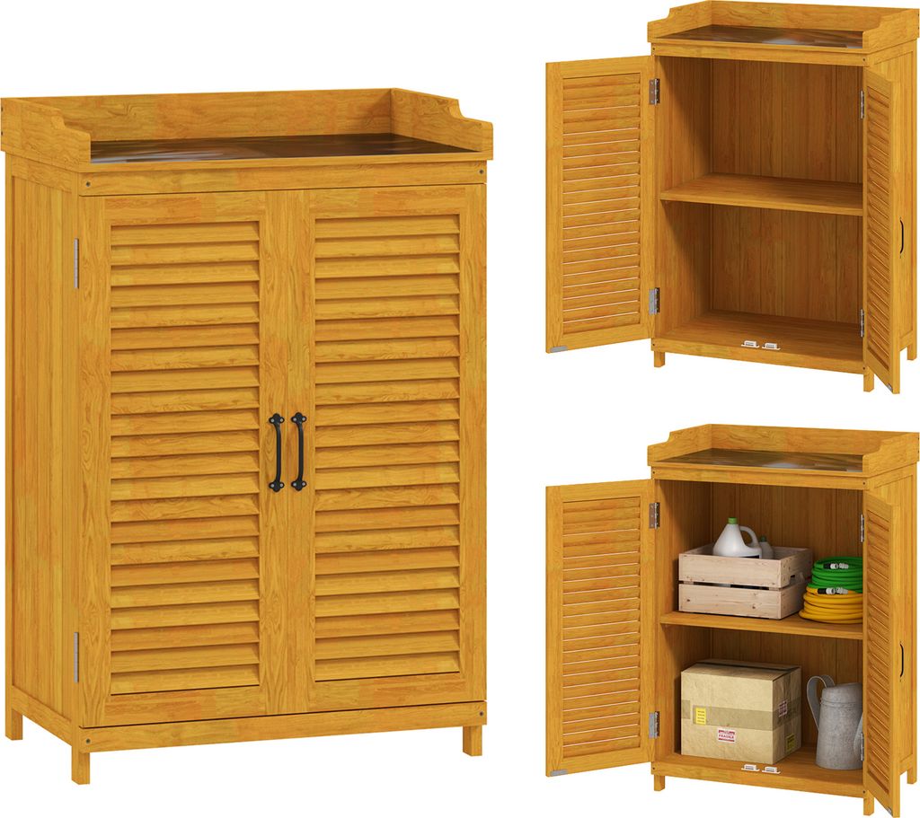 Outsunny Gartenschrank Holz, Geräteschuppen mit Arbeitsfläche, wetterfest Geräteschrank, 65,5x40x98,5cm, Gerätehaus mit Lamellentür, Ablagen, ...