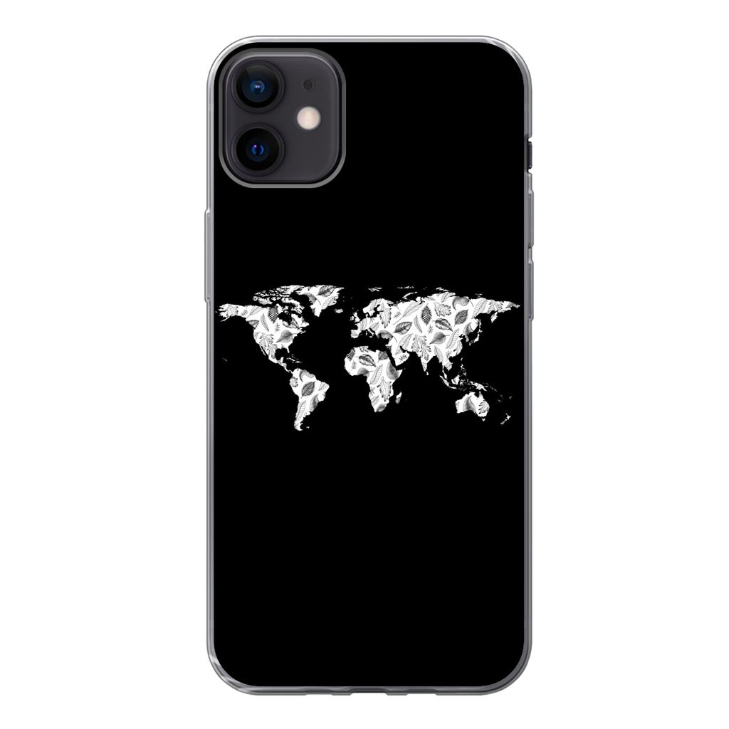 MuchoWow Handyhülle Schutzhülle Hülle für iPhone 12 mini Weltkarte - Blätter - Schwarz Silikon Softcase Handy Hülle - Bild