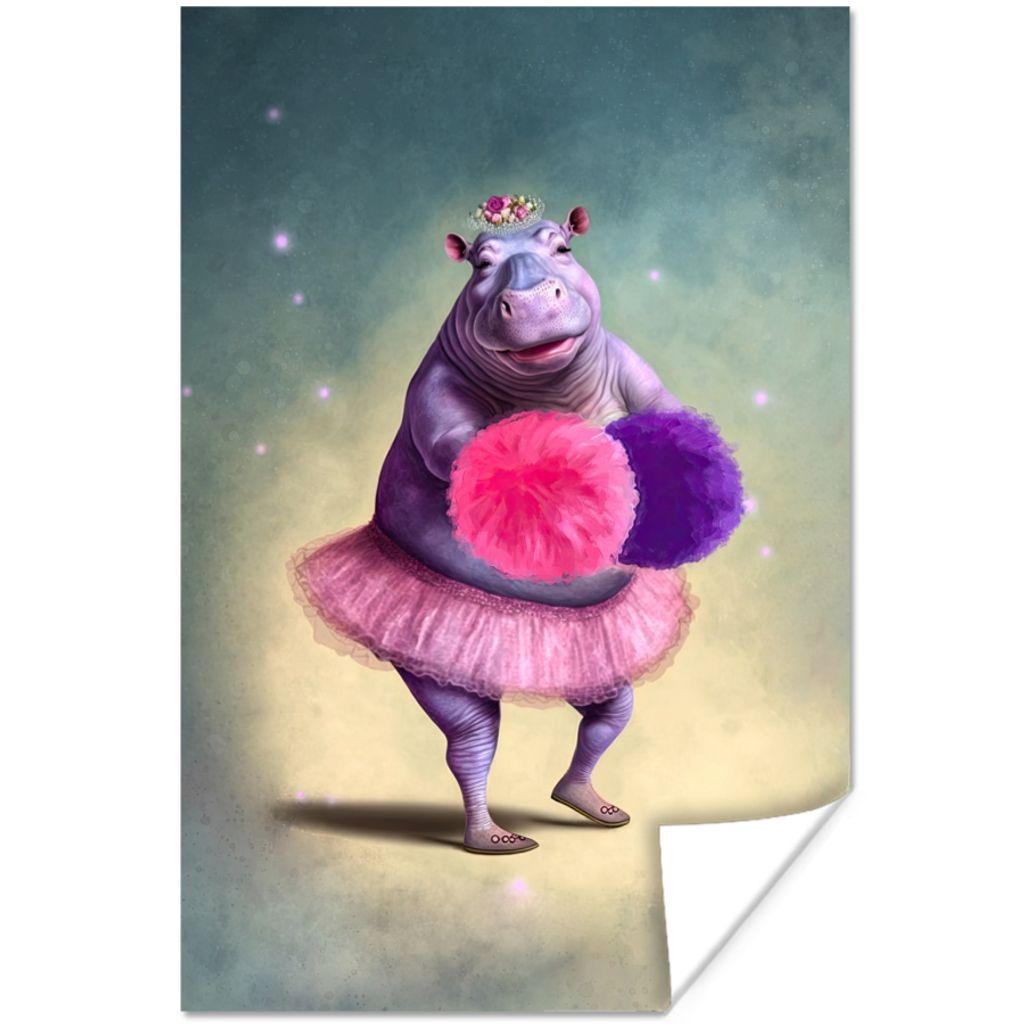MuchoWow Poster Nilpferd - Blumen - Ballerina - Pompons - Porträt 120x180 cm - Kunstposter