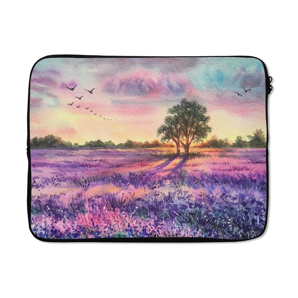 MuchoWow Laptop Hülle 17 Zoll Laptoptasche Lavendel - Farbe - Vögel - Bäume - Lila - Zipper - Schutzabdeckung