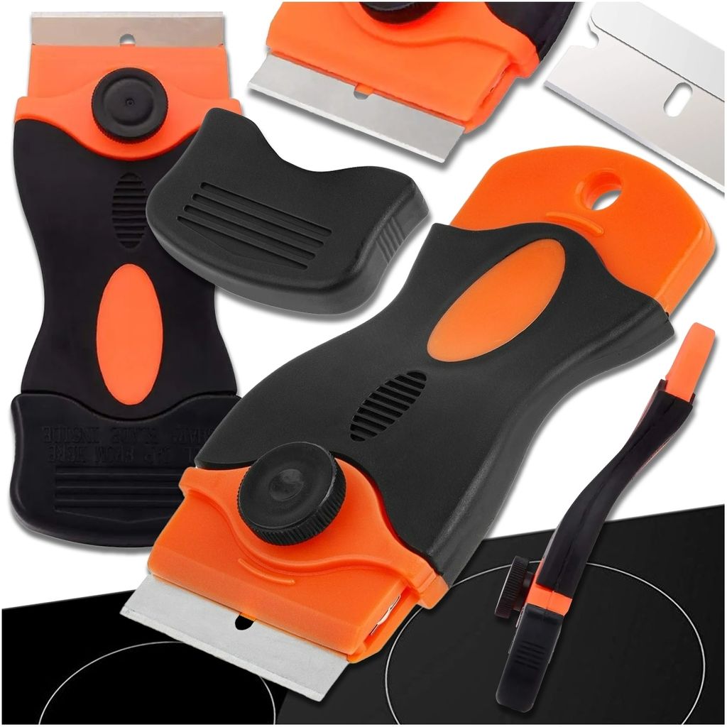 A collage of glass scrapers with orange and black handles, some with protective covers, and loose blades.