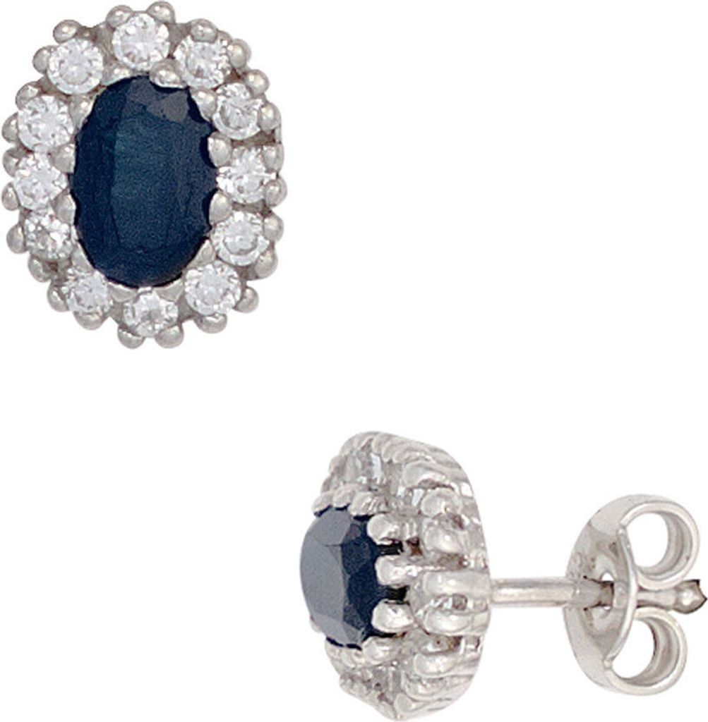 Ohrstecker Safir Saphir blau & Zirkonia rundum weiß 925 Silber oval Damen