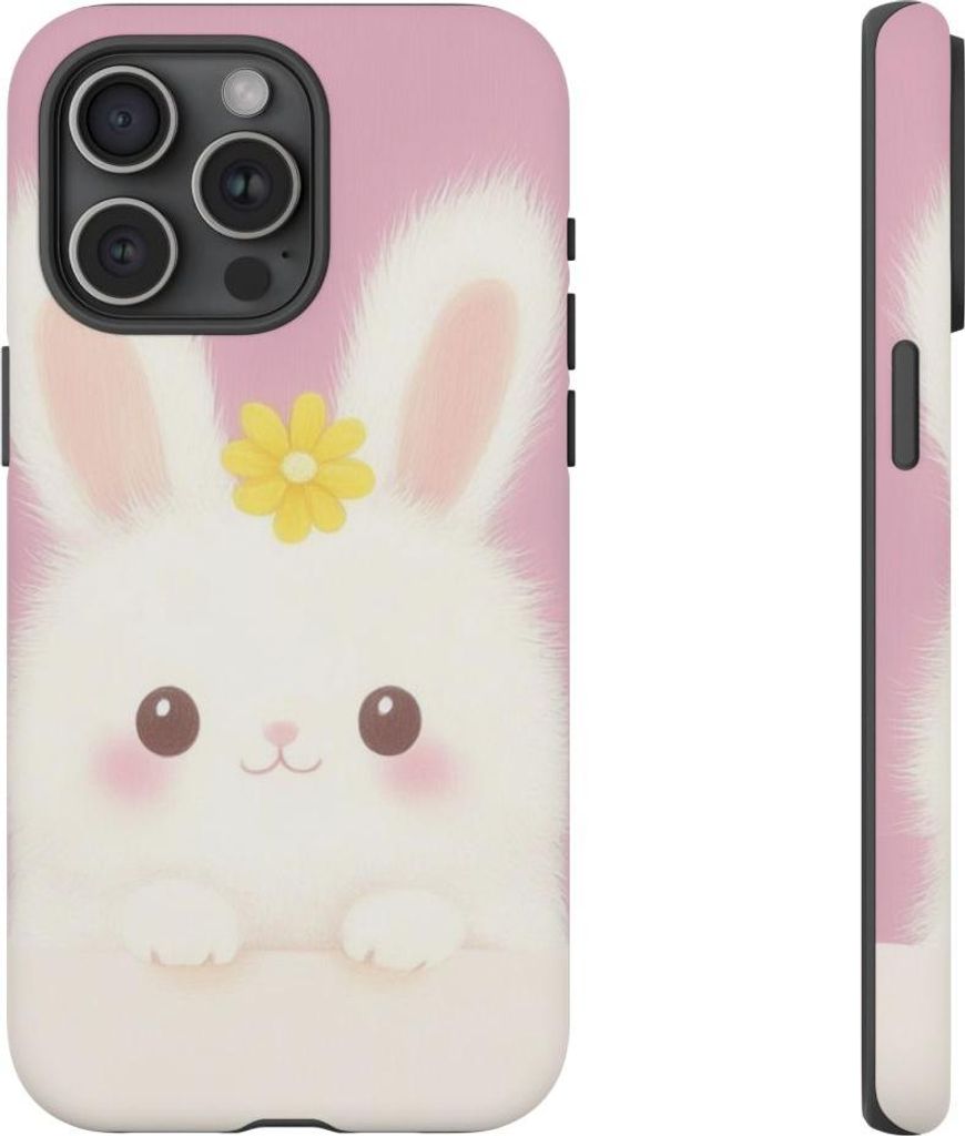 Niedliches weißes Kaninchen mit gelber Blume – Hülle Kompatibel mit iPhone 15 Pro Max