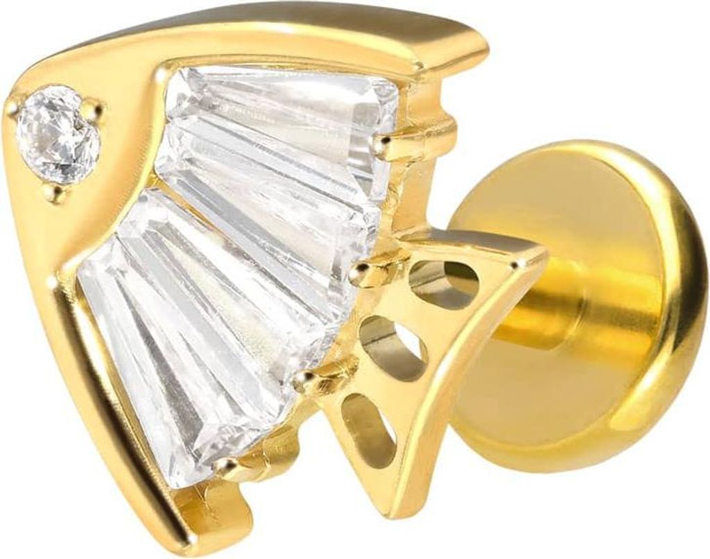 Ohrpiercing, Nasenpiercing Titan Labret mit Push Fit KRISTALLFISCH Gold Stablänge: 7mm | Stabstärke: 1mm