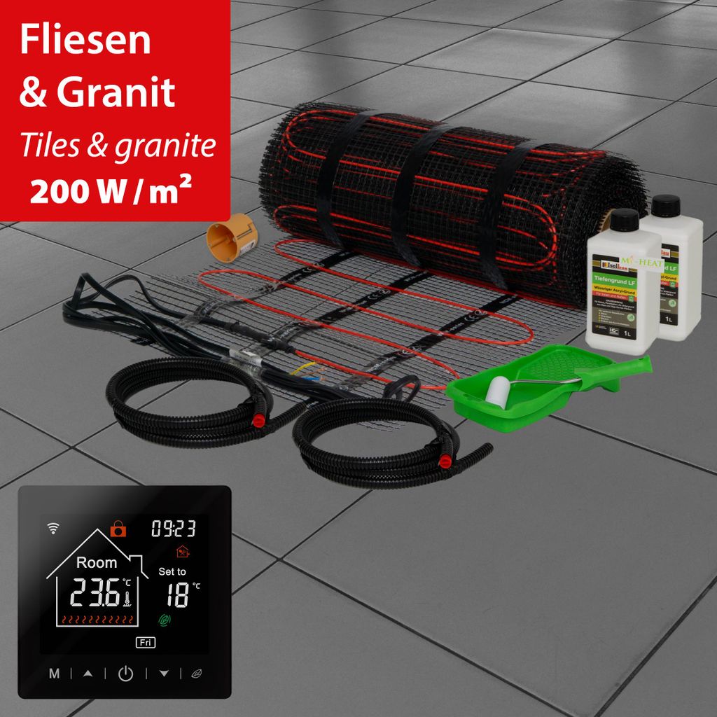 Elektrische Fußbodenheizung Dünnbettheizmatte 200Watt Komplett Set Thermostat Fliesen 15,0m²