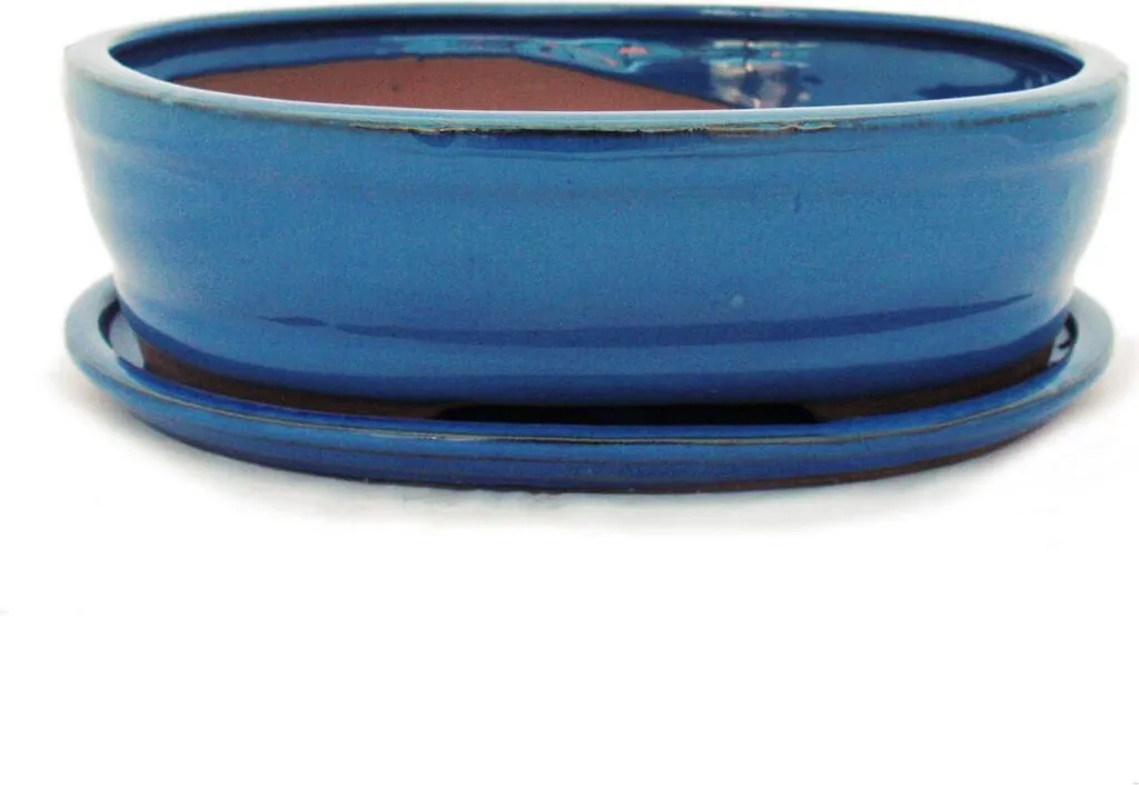 Bol bonsaï bleu ovale 26cm avec soucoupe o7 - Céramique émaillée bleue