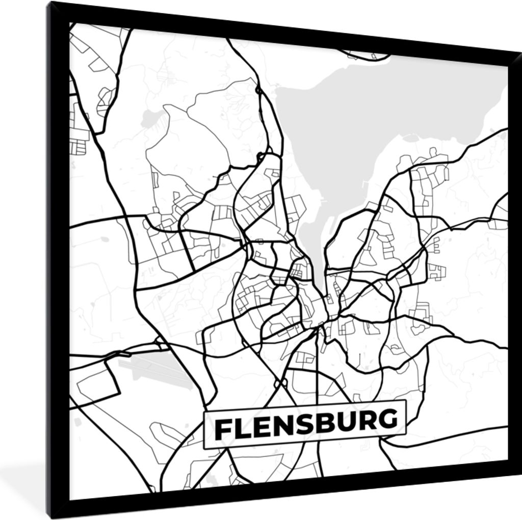 MuchoWow Gerahmtes Poster Flensburg - Karte - Stadtplan 40x40 cm - Poster mit Schwarzem Bilderrahmen Wandposter Rahmen Foto Bilder - Mit Rahmen -...