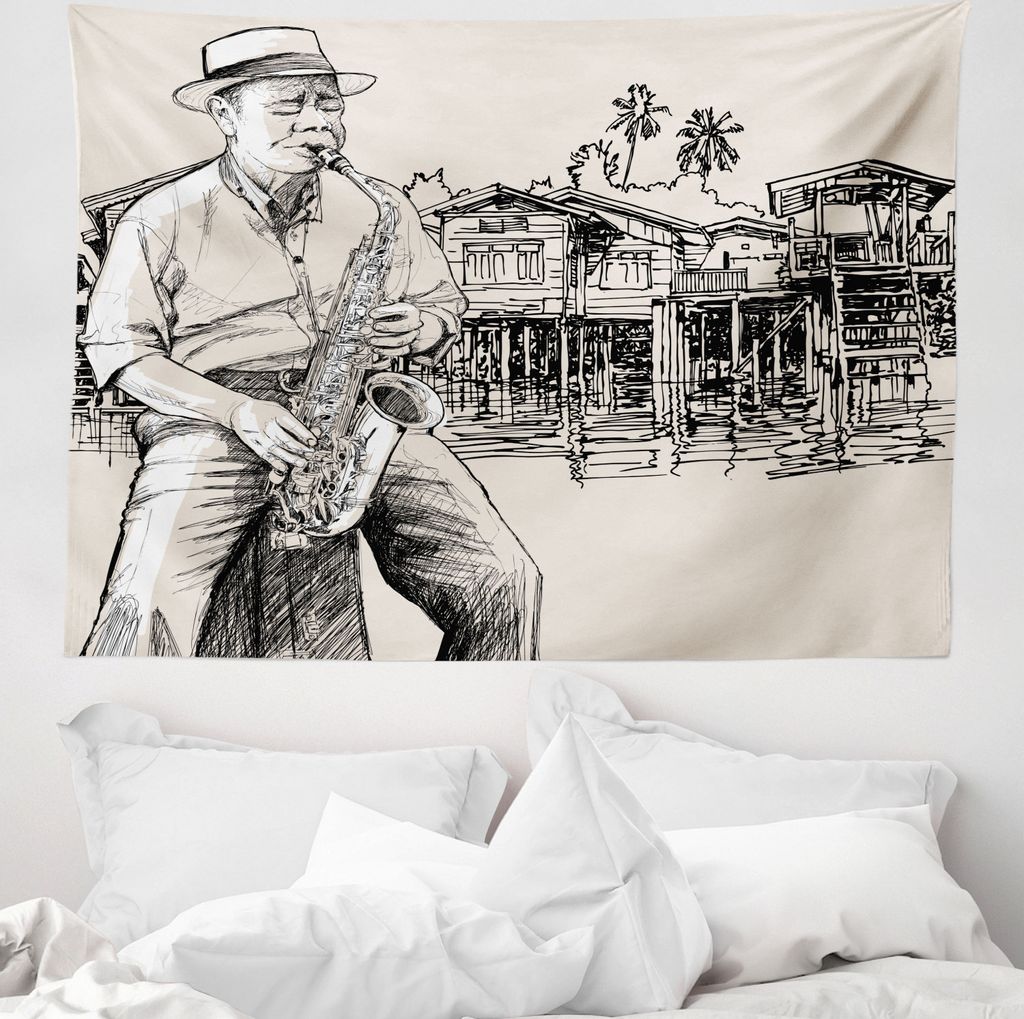 ABAKUHAUS Jazz Wandteppich, River Bank Palmen aus Weiches Mikrofaser Stoff Waschbar ohne Verblassen Digitaldruck, 150 x 110 cm, Schwarz Beige