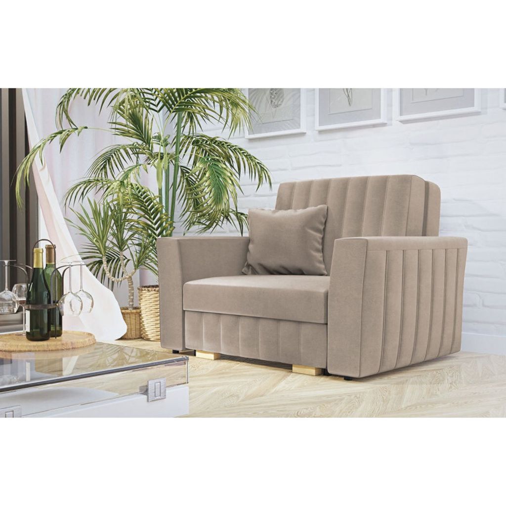 A beige sofa with a pillow is shown in a well-lit room with a plant and a coffee table in the foreground.