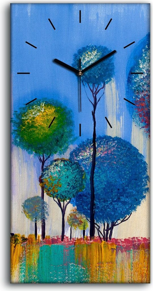 Wandbild Leinwand Bilder mit Uhr 30x60 Wand Kunst Bild Bäume Kreis farbenfroh - schwarze Hände