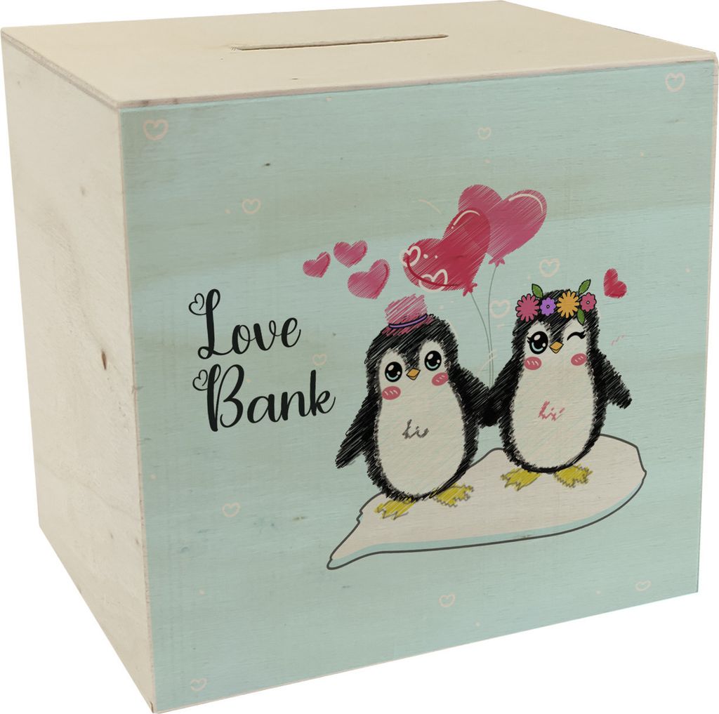 Pinguin Love Bank Spardose aus Holz