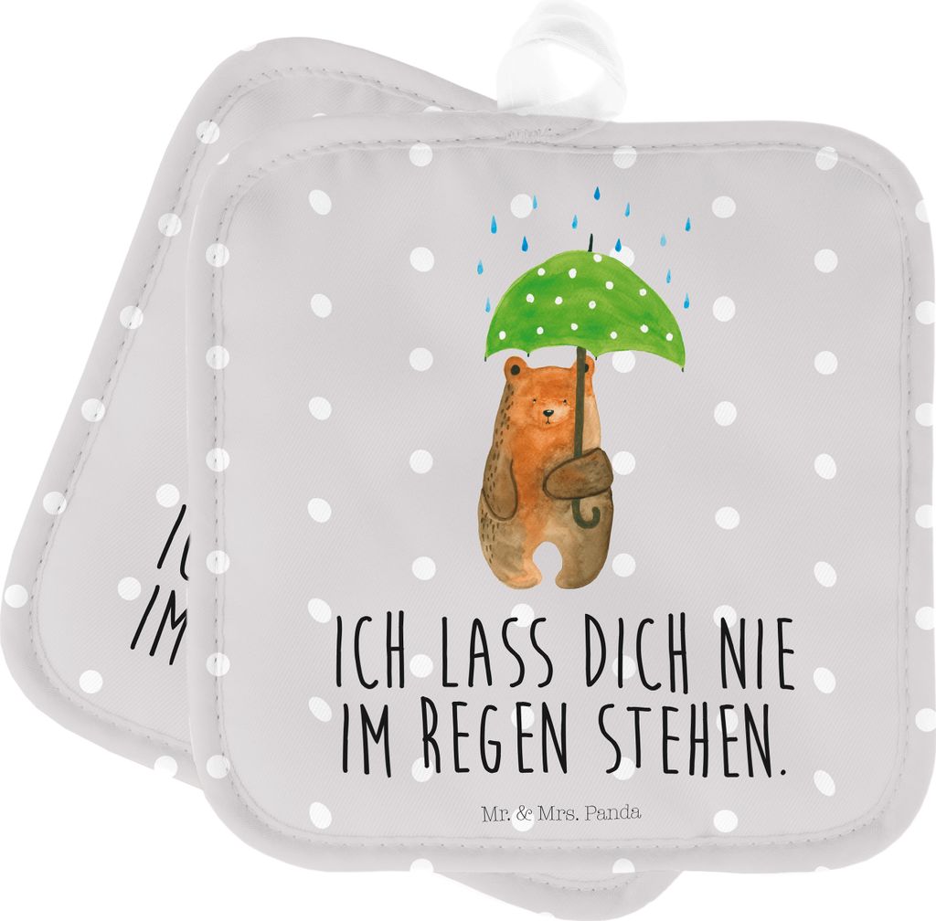 Mr. & Mrs. Panda 2er Set Topflappen Bär Regenschirm - Grau Pastell - Geschenk, Familie, topfhalter, Pärchen, Liebe, Liebeskummer, Teddy, Spruch, ...
