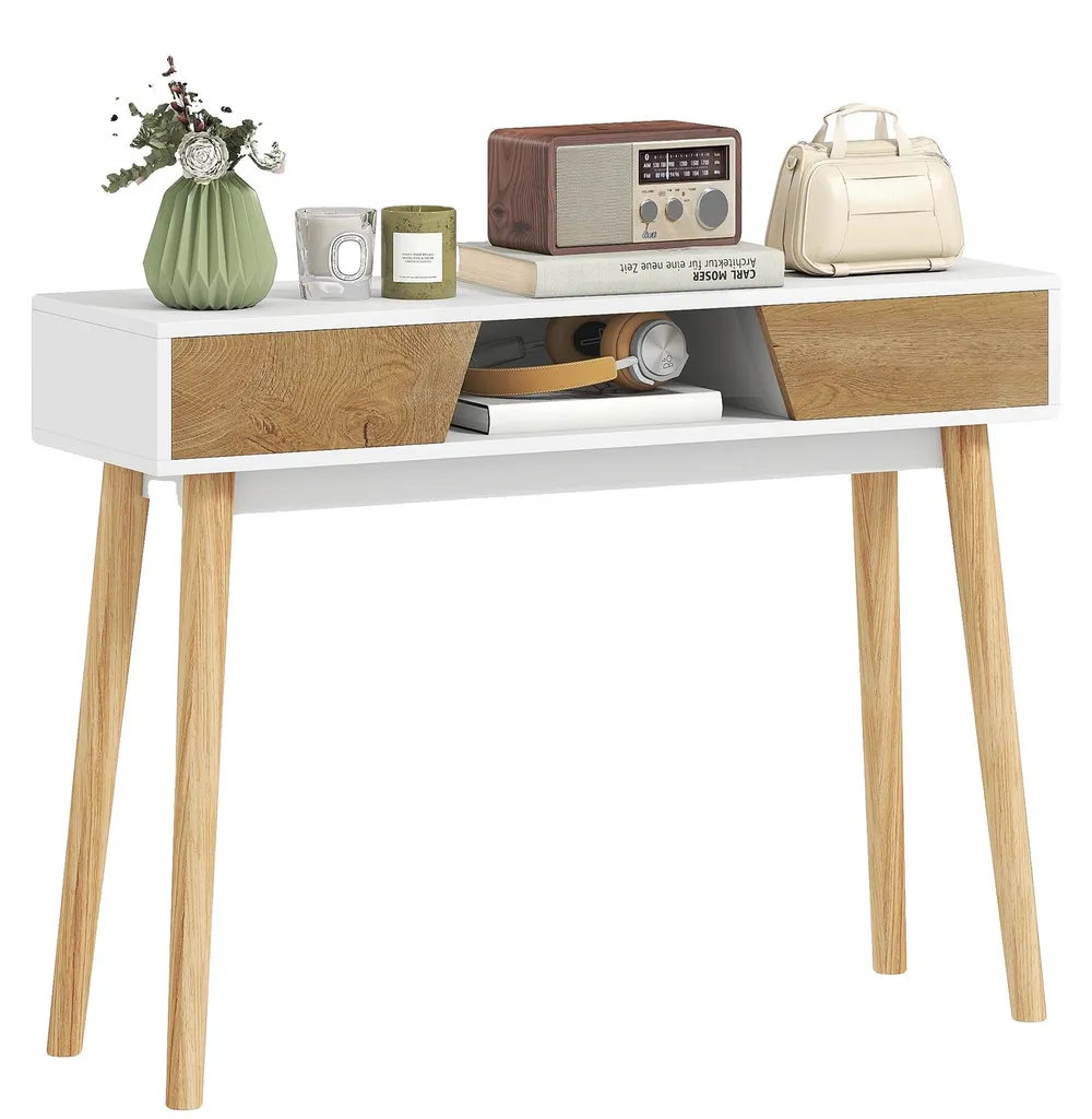 Console de salon blanche moderne et meuble d'entrée à tiroirs - Dim 100cm