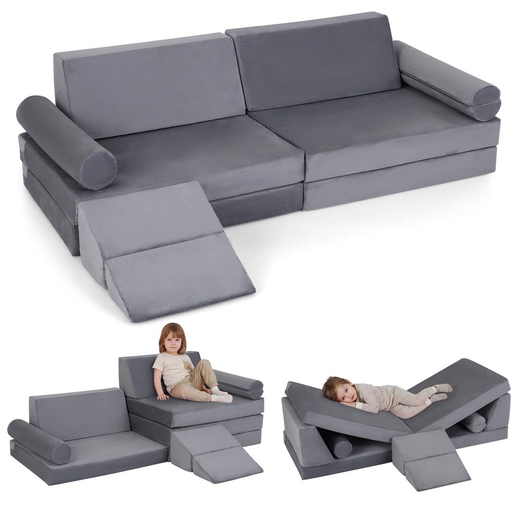 COSTWAY 10 teiliges Kindersofa mit Schlaffunktion, Spielsofa aus Kristallsamt mit Bezüge, Kindercouch, Kuschelecke für Kinder ab 3 Jahre, Grau