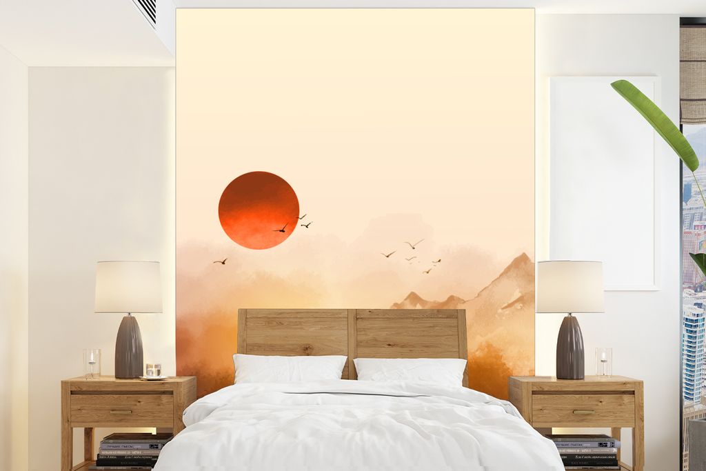 MuchoWow Fototapete für Wohnzimmer oder Schlafzimmer Wandtapete Vinyl Motivtapete Malerei - Sonne - Landschaft - Vögel - 195x260 cm - Wandbild