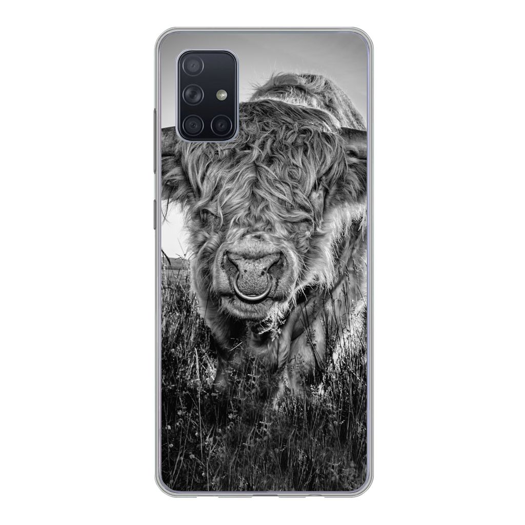 MuchoWow Handyhülle Schutzhülle Hülle für Samsung Galaxy A71 Schottischer Highlander - Schwarz und Weiß Silikon Softcase Handy Hülle - Kart...