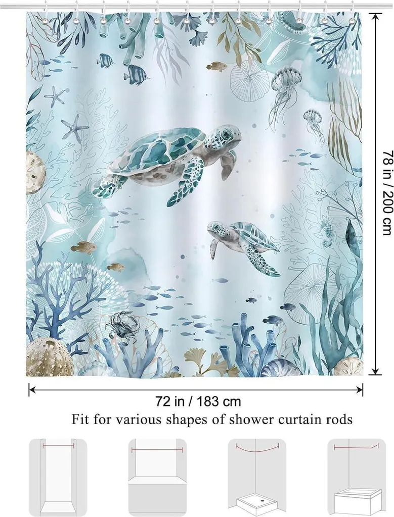 Tenda Doccia 180x200cm Antimuffa Bonhause - Tessuto Blu Tartaruga Marina - 6