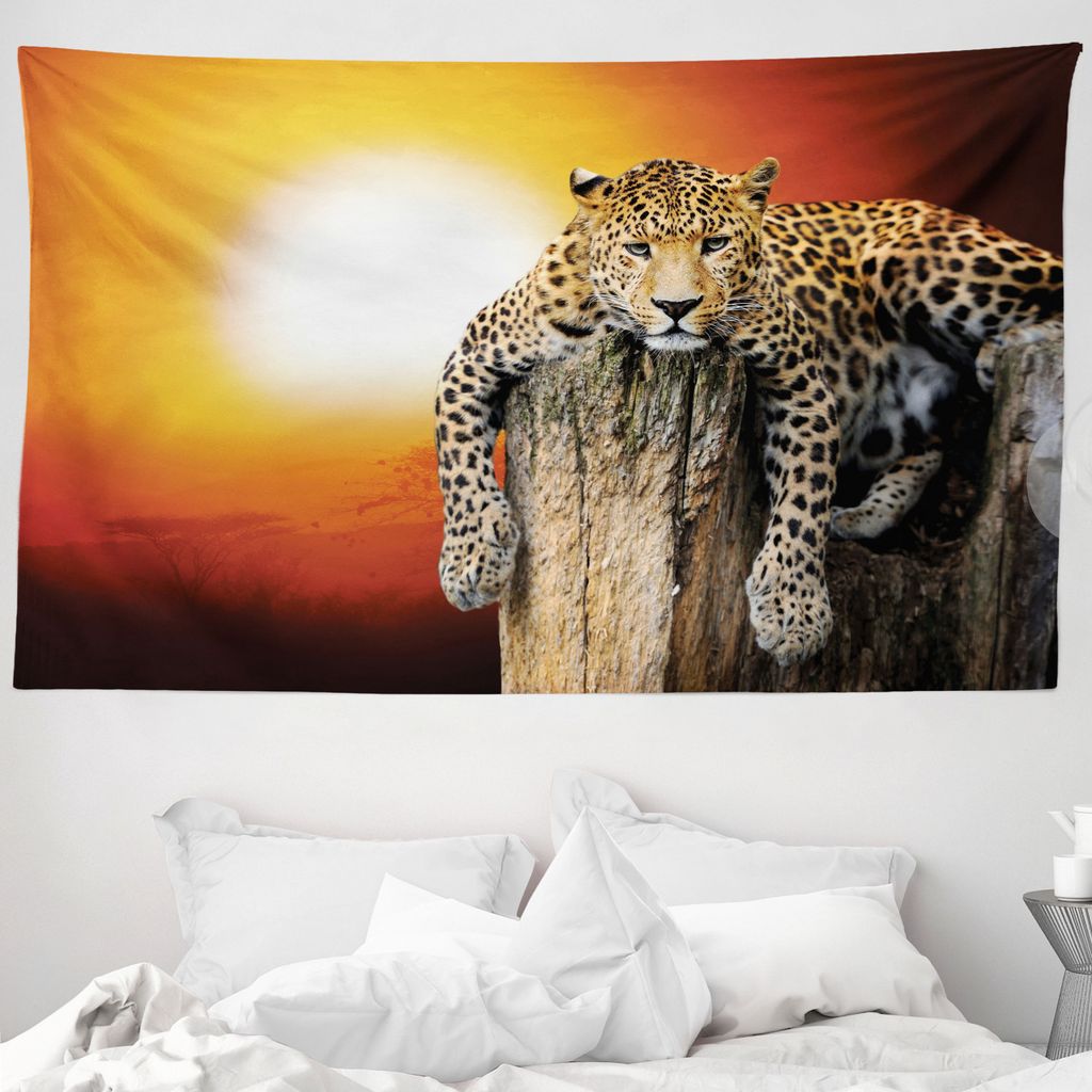 ABAKUHAUS afrikanisch Wandteppich, Safari Leopard auf Baum aus Weiches Mikrofaser Stoff Waschbar ohne Verblassen Digitaldruck, 230 x 140 cm, Orange...