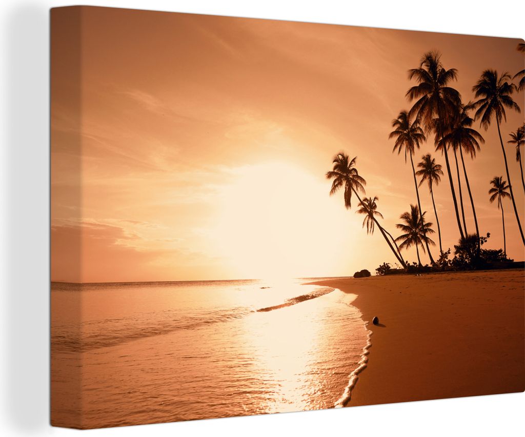OneMillionCanvasses - Leinwandbilder - 140x90 cm, Sonnenuntergang - Tropisch - Palme - Strand - Meer, Wandbilder Kunstdruck Wanddekoration - Foto...