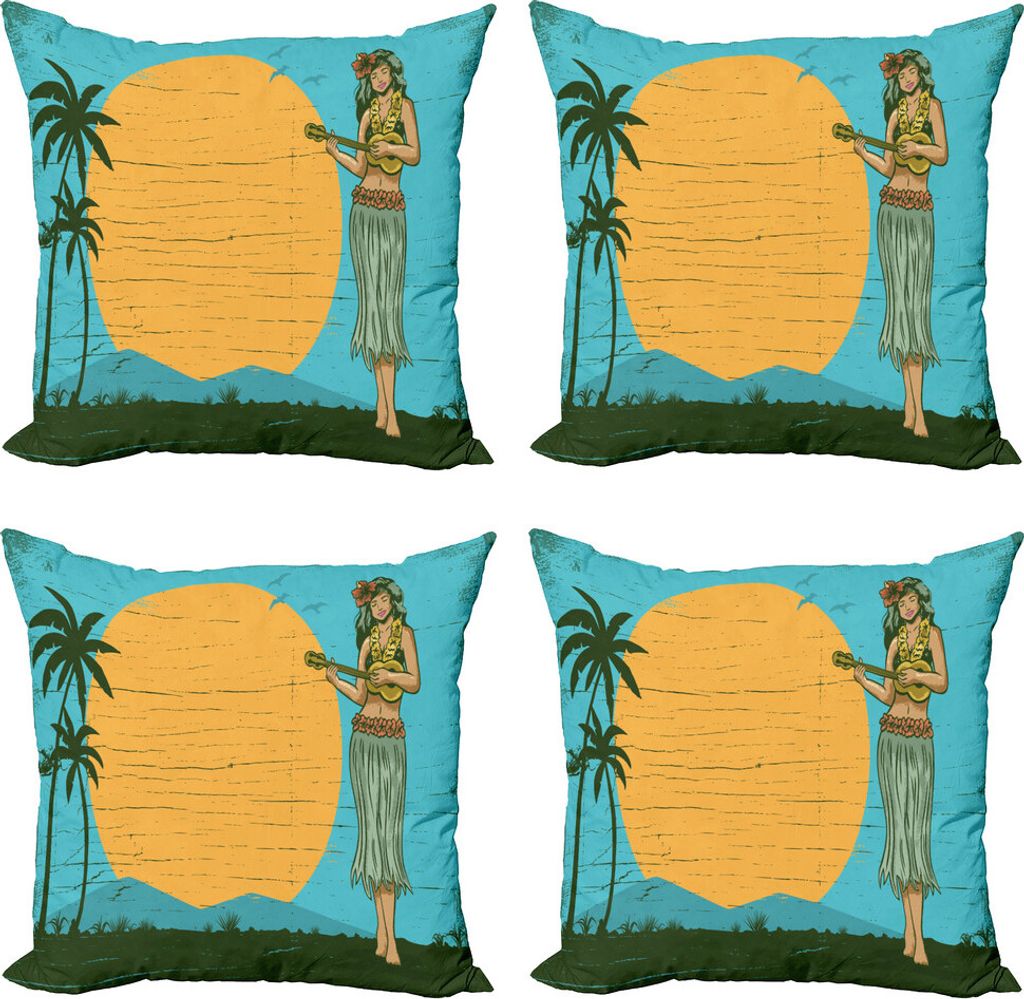 ABAKUHAUS Hula Mädchen Kissenbezug Set (4 Stück), Spielen Ukulele Sunbeams, Moderner Doppelseitiger Digitaldruck, 45 cm x 45 cm, Senf Olivgrün